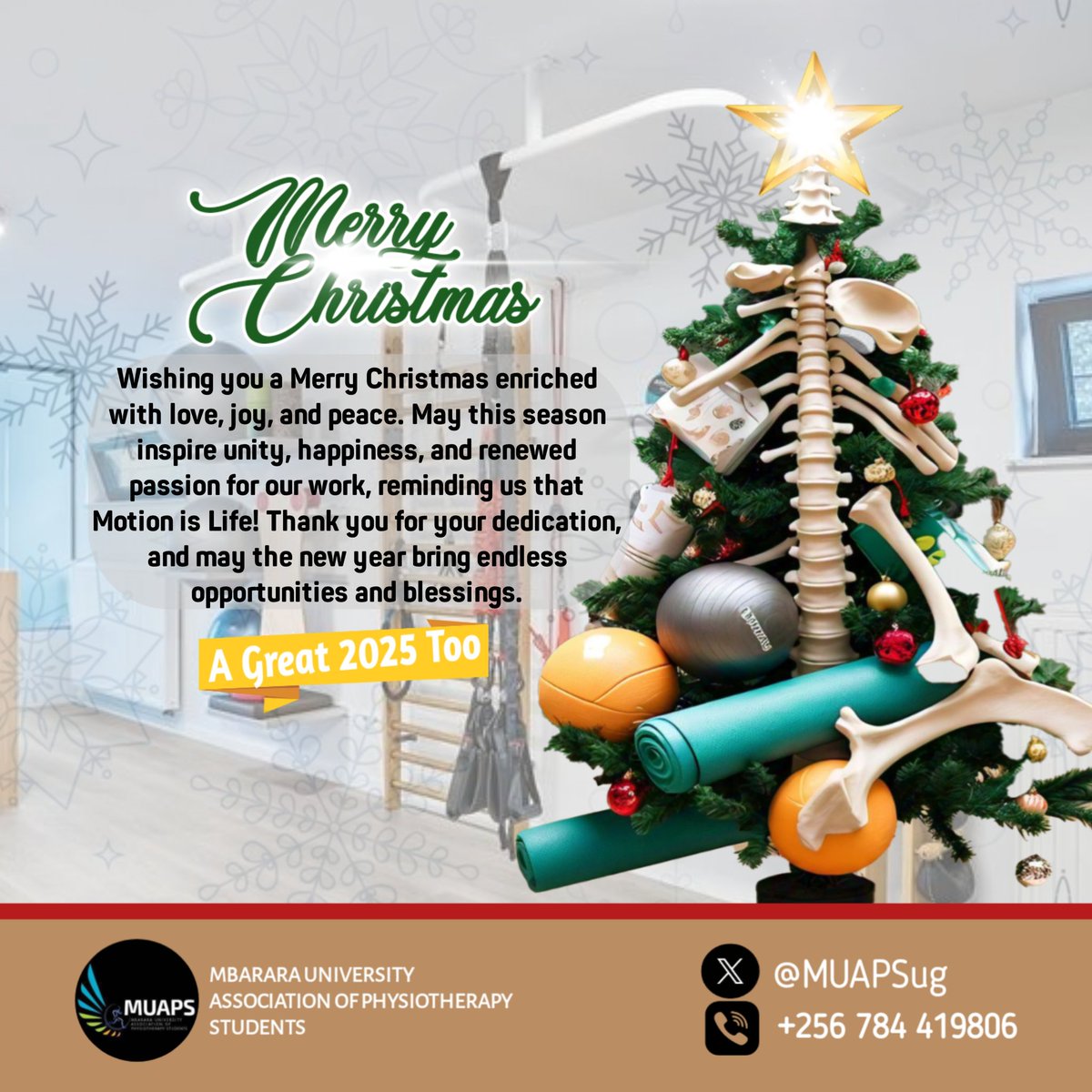 Mbarara University Physiotherapy Students (@muapsug) on Twitter photo Mbarara University Association of Physiotherapy Students, Wishes You All, A Merry Christmas and A Great 2025.
<a href="/Ugphysiotherapy/">Uganda Association Of Physiotherapy</a> <a href="/Insorthotics/">INS ORTHOTICS LTD</a> <a href="/WPhysioFuture/">World Physiotherapy Future Network</a> <a href="/MegaWecare_Inc/">Mega We Care</a> Mbarara University Association of Physiotherapy Students, Wishes You All, A Merry Christmas and A Great 2025.
<a href="/Ugphysiotherapy/">Uganda Association Of Physiotherapy</a> <a href="/Insorthotics/">INS ORTHOTICS LTD</a> <a href="/WPhysioFuture/">World Physiotherapy Future Network</a> <a href="/MegaWecare_Inc/">Mega We Care</a>