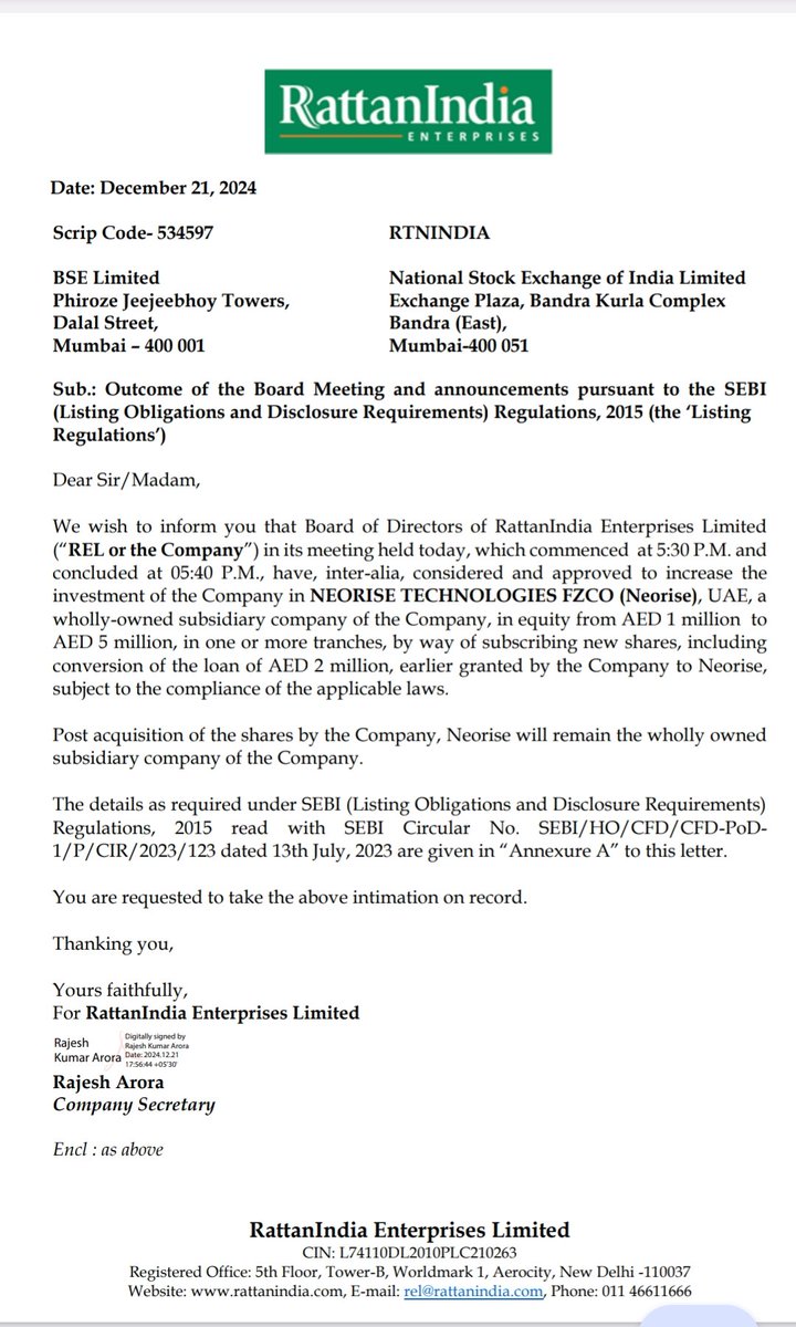 RTNIndiaStocks's tweet photo. RattanIndia Enterprises Ltd. will increase its #investment in its wholly-owned subsidiary, Neorise Technologies FZCO (UAE), from AED 1 million to AED 5 million.
#RattanIndia #Neorise #AED https://t.co/jpbcjQ6YX1