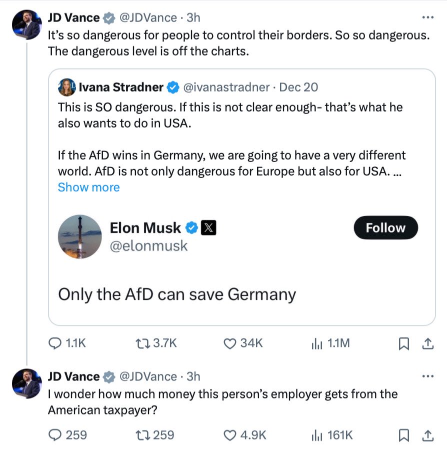 itaisher's tweet photo. When you criticize Musk for endorsing the AfD, Vance threatens your employer.

Free speech something something. https://t.co/3RPeJ7gCrh