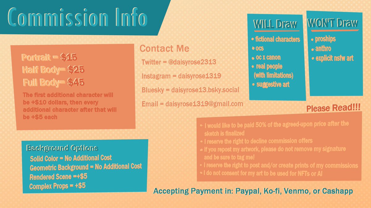 Here goes nothing! I am opening commissions for the first time!  As of now I am opening 5 slots (might open more in the future who knows?) Please refer to my commission sheet and if you have any additional questions, feel free to reach out!

Examples of my style are down below!