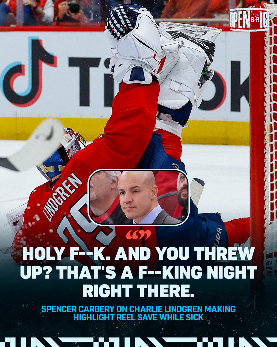 BR_OpenIce's tweet photo. Spencer Carbery's reaction to Charlie Lindgren throwing up during intermission while also making the potential Save of the Year 😂 https://t.co/oqSWcAP7ih