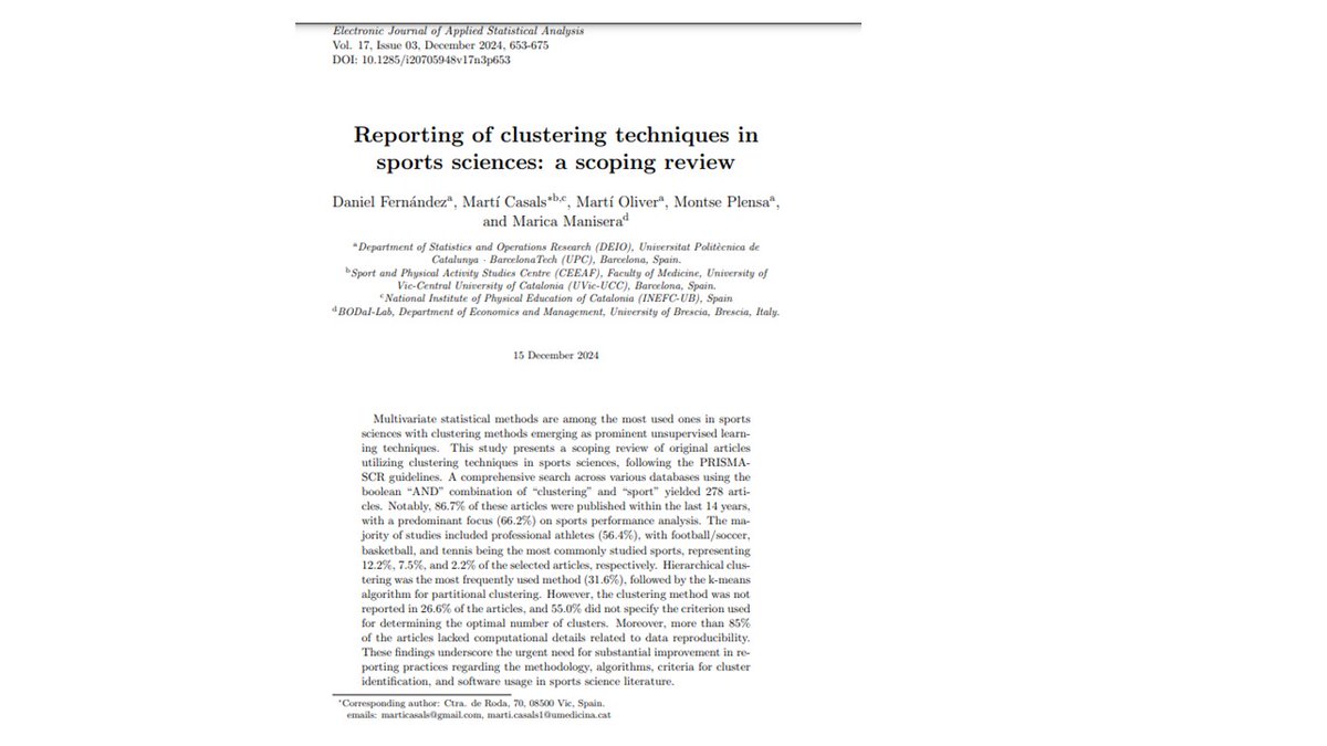 CasalsTMarti's tweet image. 📢 New Article Published! 
Check out our latest work in #EJASA journal:
&quot;#Reporting of #Clustering techniques in #SportsScience: a scoping review&quot;
This research underscores the need for better #transparency and #reproducibility.