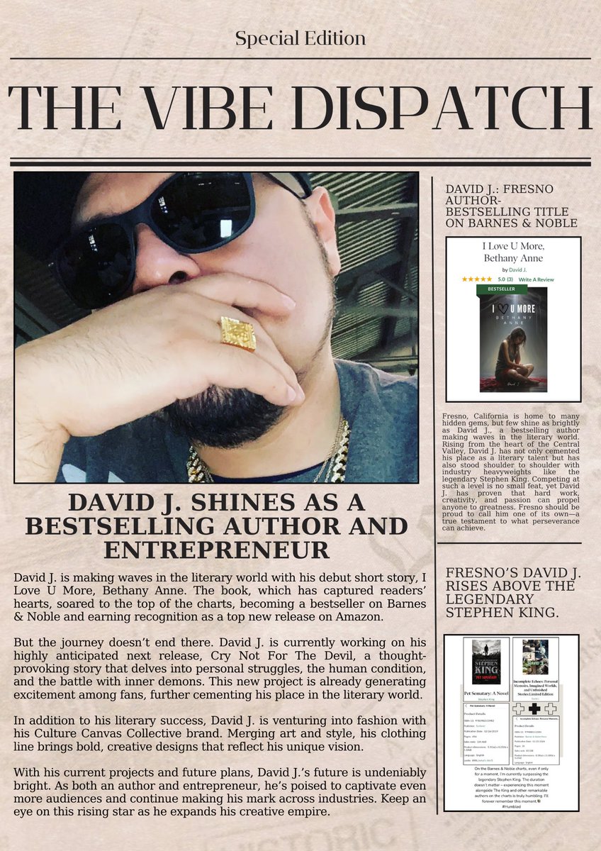 Kredible1's tweet photo. Bestselling author David J. continues to make waves with his latest article in The Vibe Dispatch, highlighting his journey as a top author on Barnes &amp; Noble and Amazon. From his debut release I Love U More, Bethany Anne to his latest work Cry Not For The Devil. https://t.co/1ZNMn3CsYg