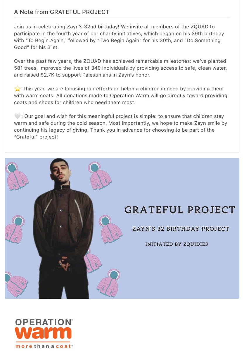 zquidies's tweet photo. 🎉 ZQUAD! We are happy to announce our #GratefulProject 4th part of our ( #ToBeginAgainProject, #TwoBeginAgainProject and #DoSomethingGood ) in honor of Zayn Malik’s 32 birthday. Let’s join in together &amp; donate or share to keep children warm 🧥🤍 https://t.co/6y2YNCFUz1