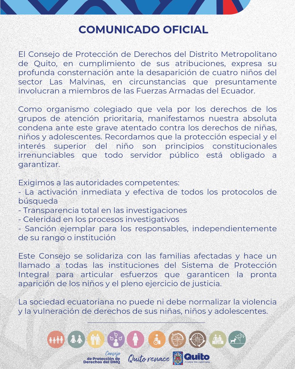 🔴#URGENTE | Frente a la desaparición de cuatro niños en la ciudad de Guayaquil, el Consejo de Protección de Derechos del DMQ se pronuncia. 
¿Dónde están Josué, Ismael, Saúl y Steven? #LosCuatroDeGuayaquilEcuador