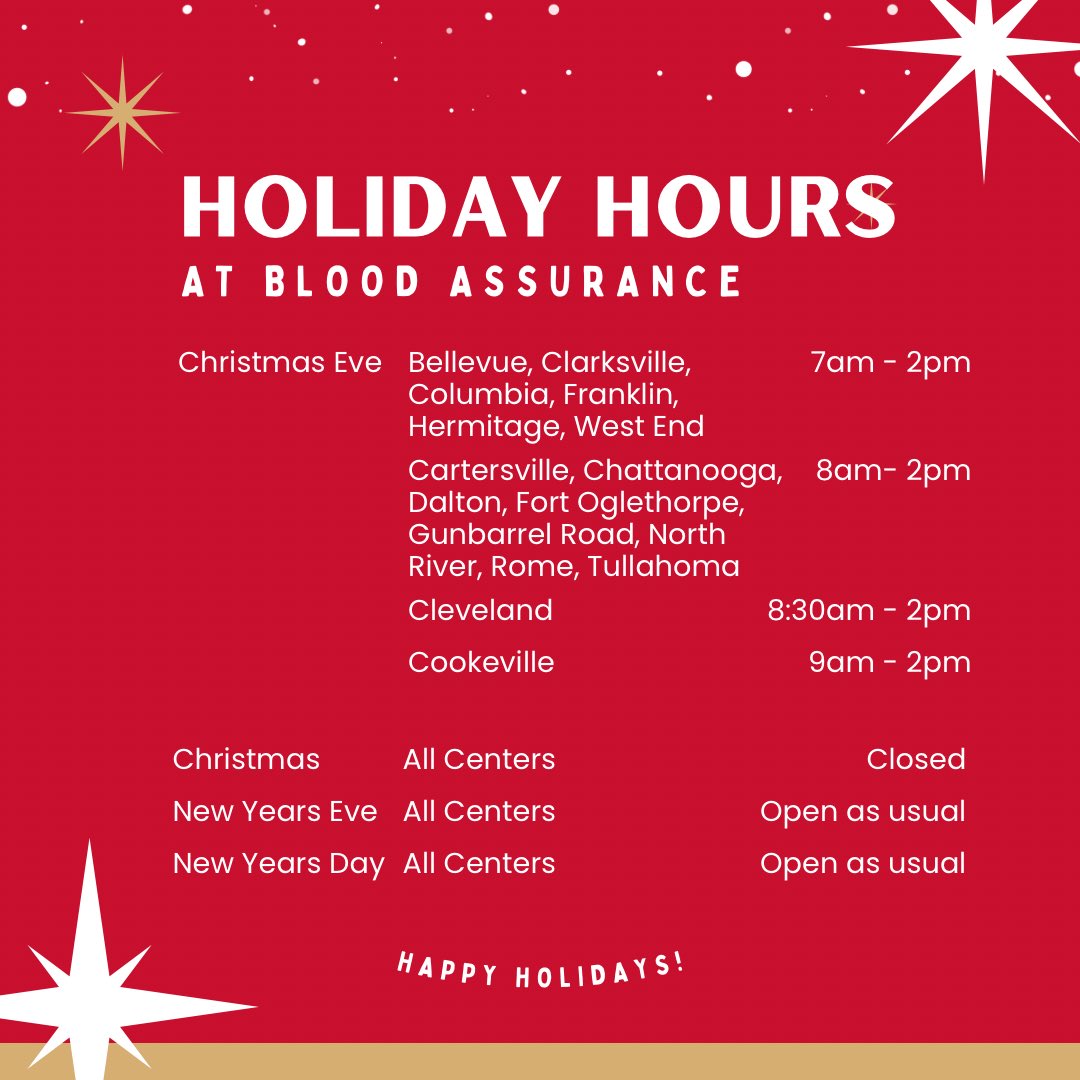 🎄❄️ This holiday season, donate blood! Check out our holiday hours and plan your visit to save lives. Plus, all donors receive a $25 e-gift card for donating!🩸❤️ #HolidayHours #GiveTheGiftOfLife #BAHero