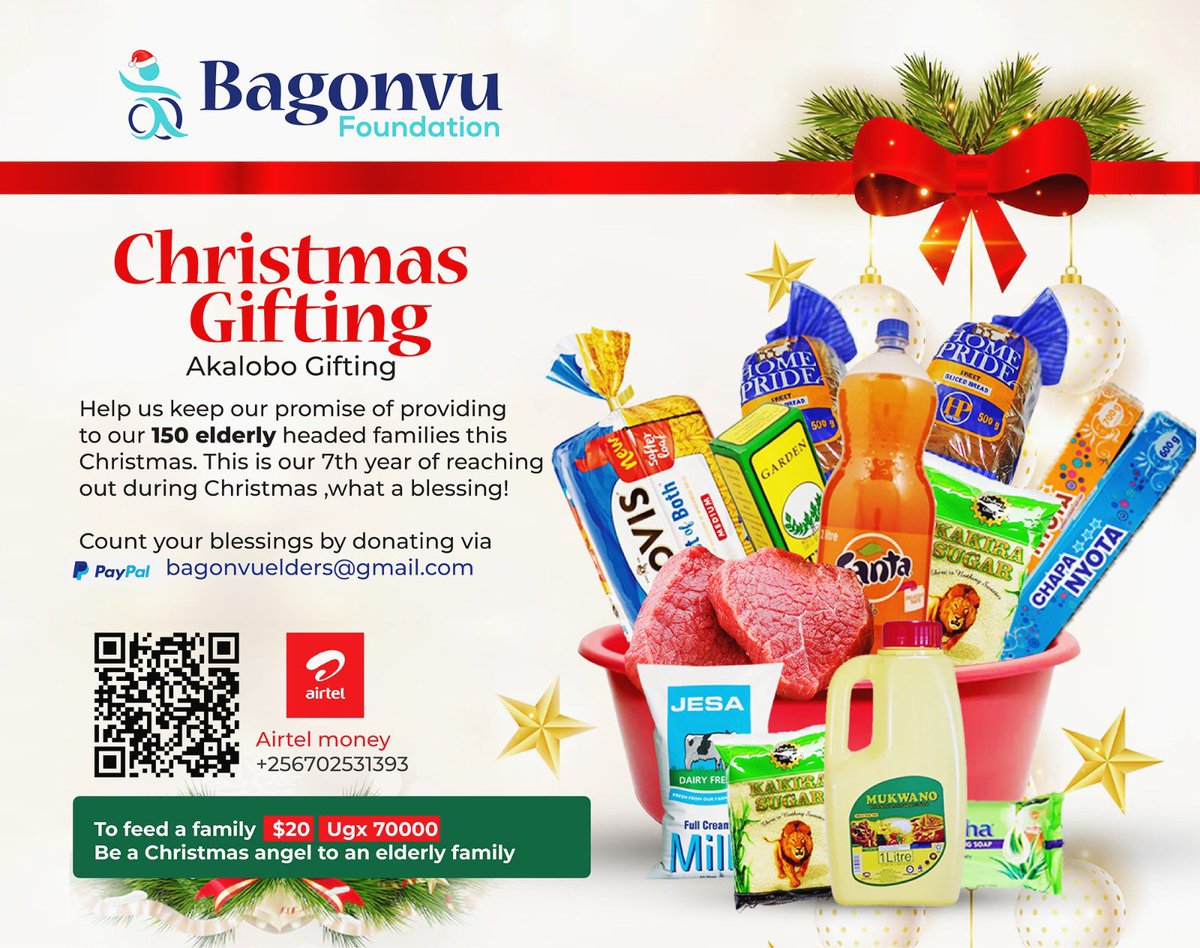 Kiggundu Samuel (@sam4elderly) on Twitter photo 🎄 Be a Christmas Angel! 🎁
$20 can do wonders this season—it feeds an elderly-headed family and spreads Christ’s love. Skip that extra latte and give a family hope this Christmas.
📧 PayPal: bagonvuelders@gmail.com
📱 Airtel Money: +256702531393
Together, we make a 🎄 Be a Christmas Angel! 🎁
$20 can do wonders this season—it feeds an elderly-headed family and spreads Christ’s love. Skip that extra latte and give a family hope this Christmas.
📧 PayPal: bagonvuelders@gmail.com
📱 Airtel Money: +256702531393
Together, we make a