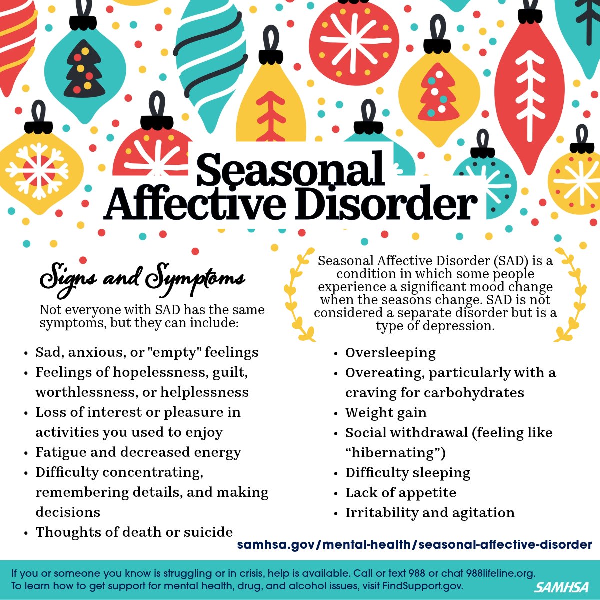 samhsagov's tweet photo. Is it just the 'winter blues' or seasonal affective disorder (SAD)? Learn the signs and symptoms of SAD, a type of depression, and how to get help: https://t.co/B2KUiU8WwW #WinterSolstice https://t.co/JFiVLUlfuJ