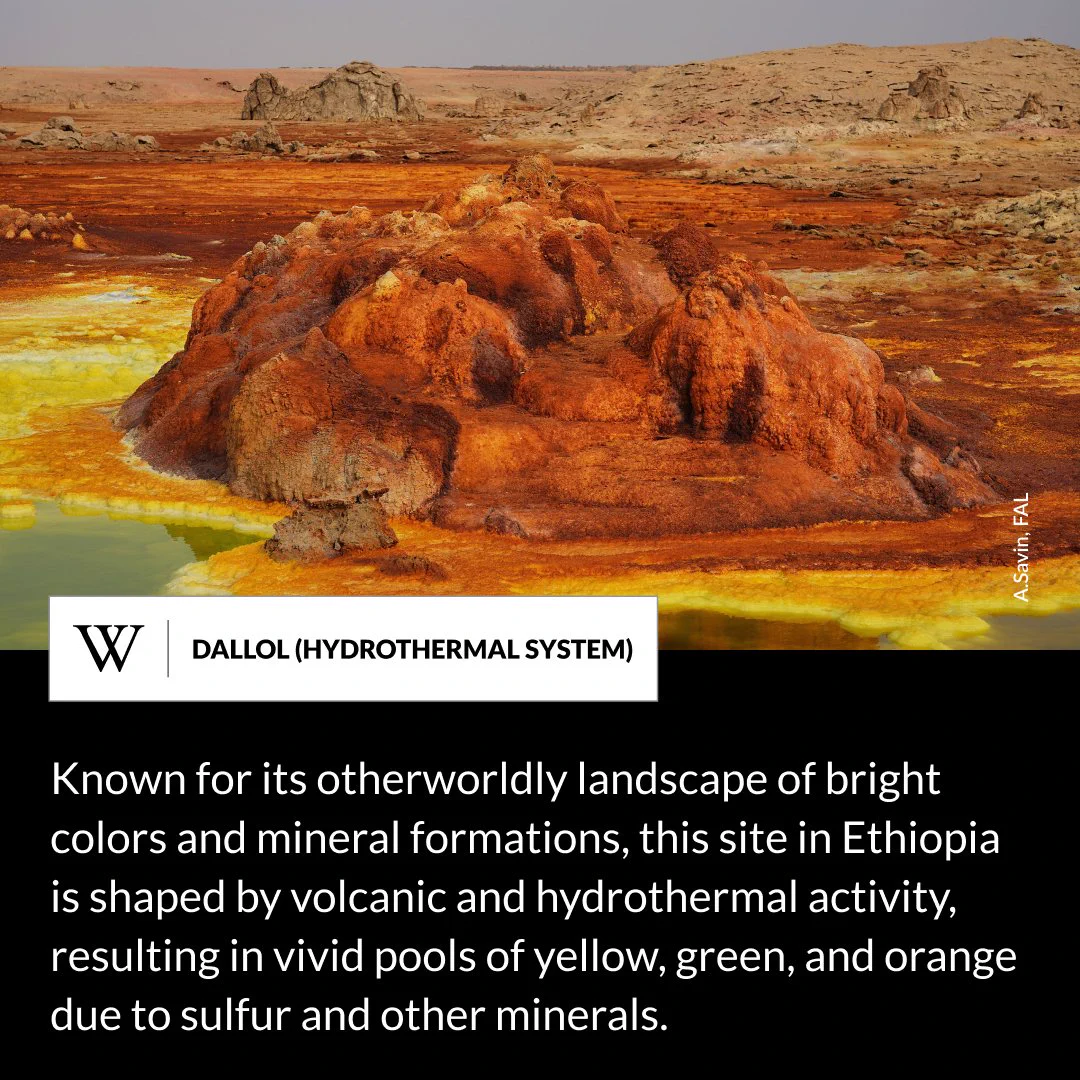 A large yellow pool surrounded by orange rocks in a vast desert landscape under a clear blue sky. Text says: Known for its otherworldly landscape of bright colors and mineral formations, this site in Ethiopia is shaped by volcanic and hydrothermal activity, resulting in vivid pools of yellow, green, and orange due to sulfur and other minerals.