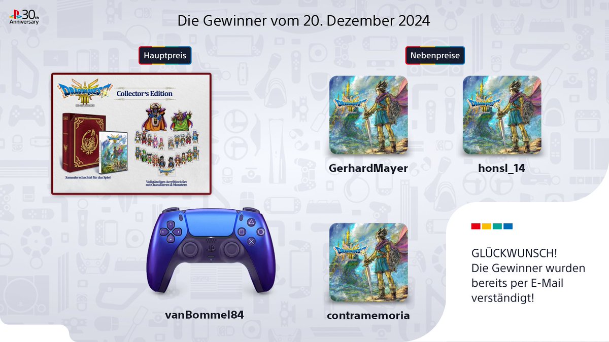 PlayStationDE's tweet photo. Neuer Tag, neue Gewinner 🥳 Wir verraten euch auch heute wieder, wer die heutigen Tagespreise in unserem #Adventskalender2024 gewonnen hat! 👀👇 #PS5 #Advent https://t.co/VjowfjPX1u