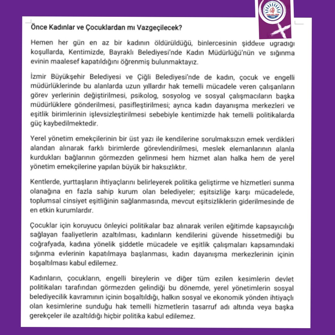 esik_platform's tweet photo. 🟣  Tüm Belediyeler Sendikası İzmir 1 ve 2 Nolu Şube Kadın Komisyonları'ndan İzmir
Bayraklı Belediye Başkanı İrfan Önal'ın (@irfanonal)  belediyeye ait "kadın ve aile hizmetleri müdürlüğü"nü ve ardından belediyenin kadın sığınma evini kapatmasına  tepki geldi.

"Önce Kadınlardan ve Çocuklardan mı Vazgeçilecek?"

📢 Tekrar Hatırlatıyoruz; yerelde toplumsal cinsiyet eşitliğinin sağlanması tüm yerel yönetimler için tarihsel bir sorumluluk ve anayasal bir yükümlülük olmanın yanı sıra güçlü, kalıcı ve demokratik bir toplum için de vazgeçilmezdir. Cinsiyet eşitliğini yok sayan ve kadınların haklarını tırpanlayan siyasetlere karşı durmak bu sorumluluğun vazgeçilmez bir parçasıdır.
Belediyelerin görevi var olan kadın sığınaklarını kapatmak değil aksine yeni sığınaklar açmaktır❗

@herkesicinCHP @eczozgurozel
@CHPKadinKolu
@AsuKaya80TBMM
@izmirbld @drcemiltugay
@tumbelsen
#EŞİK basın açıklaması 👇
https://t.co/3BX0SeHxr6

Haber linki👇 
https://t.co/QuOED89lZ6
