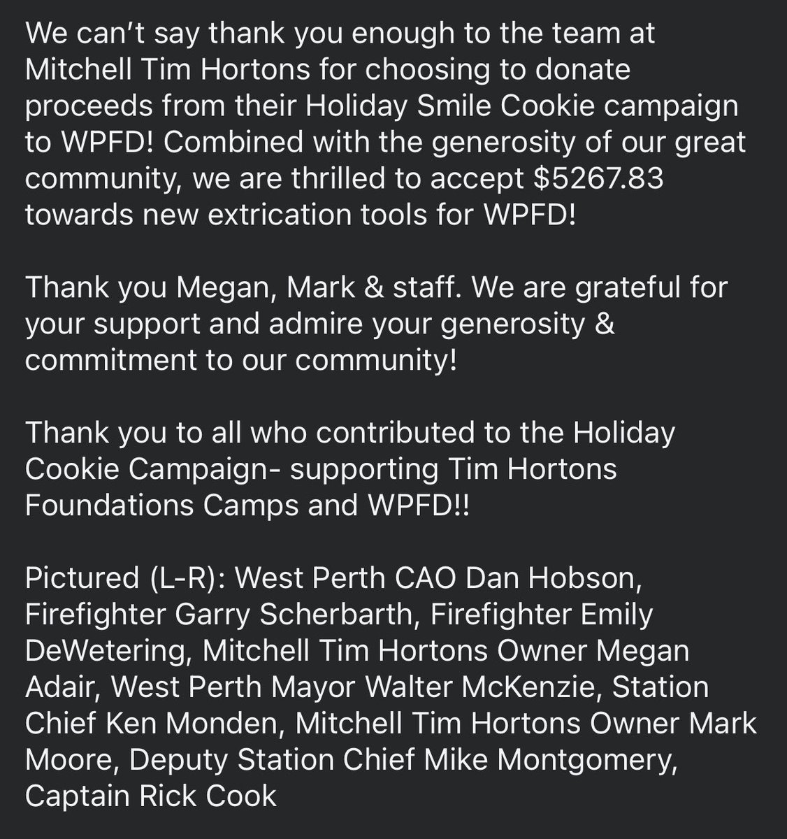 Thank you to all who supported the <a href="/TimHortons/">Tim Hortons</a> Holiday Smile Cookie Campaign in Mitchell! #WPFD