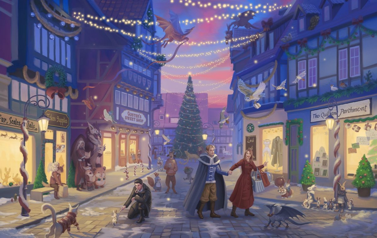 I always love sharing this artwork by <a href="/hibbary/">hibbary</a> this time of year! It features my characters Carl, Jonathan, and Nikki Christmas shopping in my fantasy world! The little details are incredible❤

#fantasy #Christmas2024 #Christmas #presents #friends