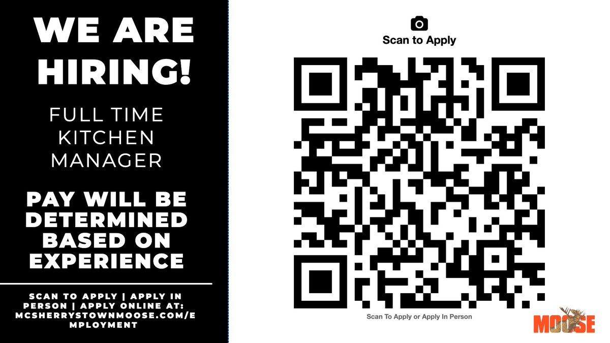 MooseLodge720's tweet image. HIRING! 🚨🍳

Be our Full-Time Kitchen Manager at McSherrystown Moose!

Competitive Pay - Immediate Start

Apply: Scan QR Code or Visit Us!

Join us! #NowHiring #KitchenManager #ApplyToday