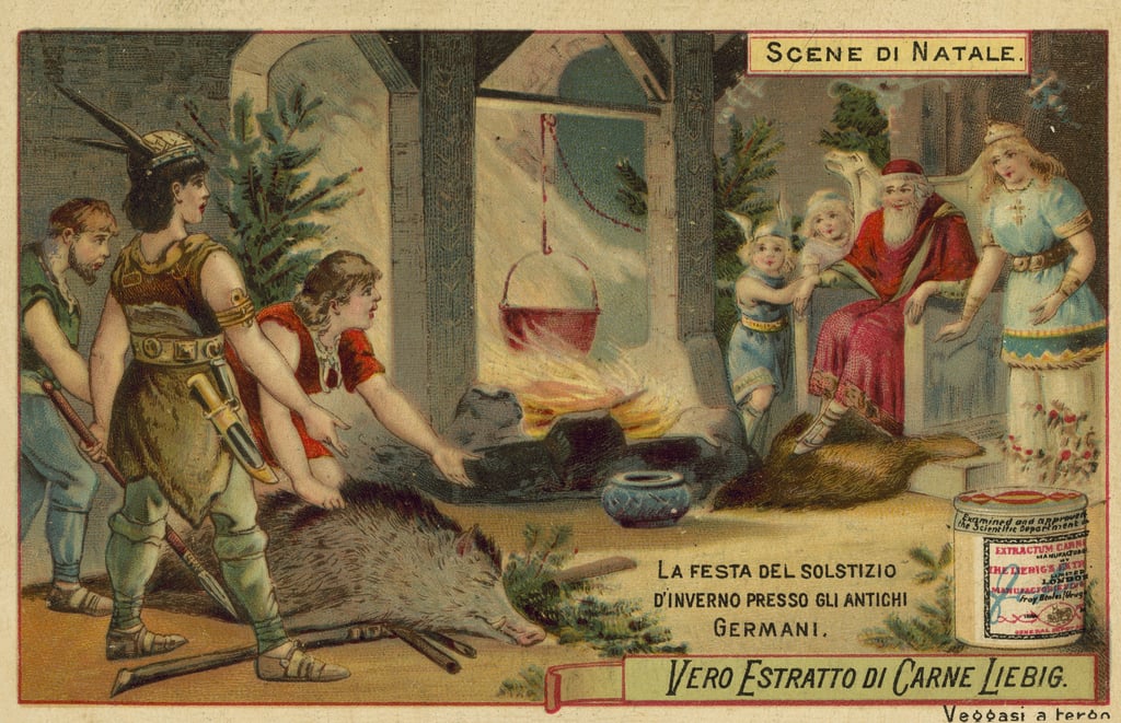 Happy #WinterSolstice everyone ❄️🌞🎄🔥❄️

This early 1900s Liebig card translates as: The Winter Solstice Festival among the ancient Germans.

I'm seeing parallels to Christmas in Northern Saskatchewan 🤔
