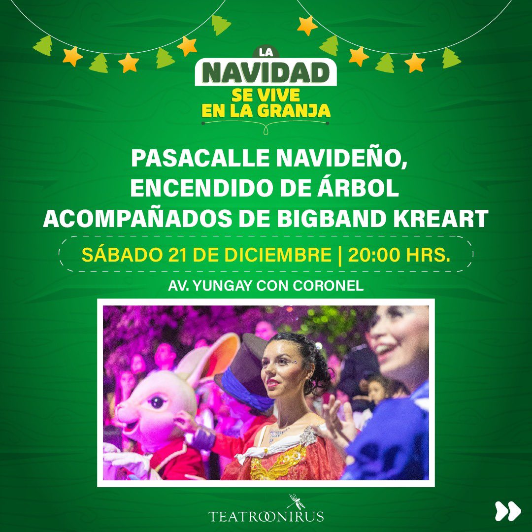 #HOY te esperamos en Yungay con Coronel para continuar con nuestra fiesta navideña en #LaGranja 🎄

Desde las 20 h, pasacalles navideño, encendido de árbol acompañado de BigBand Kreart 🎷🎅. 

Disfruta junto a toda la familia, amigos y vecinos de una noche mágica  y llena de amor
