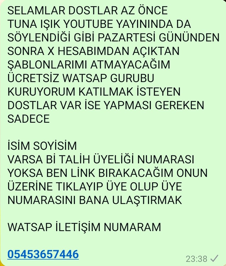 PAZARTESİ GÜNÜNDEN İTİBAREN ÜCRETSİZ WATSAP GURUBUMA KATILMAK İSTEYEN DOSTLAR AŞAĞIDAKİ METNİ OKUYUP VARSA  <a href="/geldibitalih/">Bitalih</a> ÜYE NUMARASI YOKSA BU LİNK'E TIKLAYARAK

👇👇👇👇👇👇👇
 bitalih.com/uyelik/uye-ol?…

ÜYELİK OLUŞTURUP ÜYE NUMARASINI BANA WATSAP'TAN ATARAK GURUBUMA KATILABİLİR.