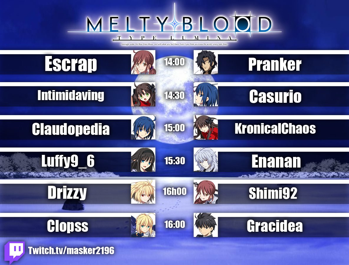 Hi !
Slighlty late annoucement but, the Melty Blood FT7s will be returning on stream tommorow
With a whole bunch of EU people this time instead of just the french scene
Come on in and celebrate this early christmas with some good old Melty !
twitch.tv/masker2196