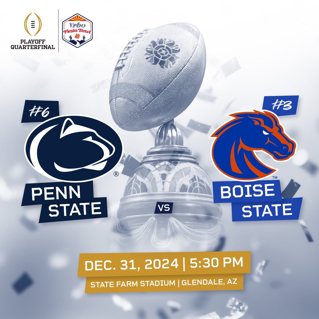 Fiesta Sports Foundation (@fiesta_bowl) on Twitter photo 🏈🌵🏆 With an impressive 38-10 win in the first-round of the <a href="/CFBPlayoff/">College Football Playoff</a>, No. 6 <a href="/PennStateFball/">Penn State Football</a> punched its ticket to the first-ever Quarterfinal at the @Vrbo Fiesta Bowl, where they will meet No. 3, <a href="/BroncoSportsFB/">Boise State Football</a>!
🎟️ FiestaBowl.org/tickets 🏈🌵🏆 With an impressive 38-10 win in the first-round of the <a href="/CFBPlayoff/">College Football Playoff</a>, No. 6 <a href="/PennStateFball/">Penn State Football</a> punched its ticket to the first-ever Quarterfinal at the @Vrbo Fiesta Bowl, where they will meet No. 3, <a href="/BroncoSportsFB/">Boise State Football</a>!
🎟️ FiestaBowl.org/tickets