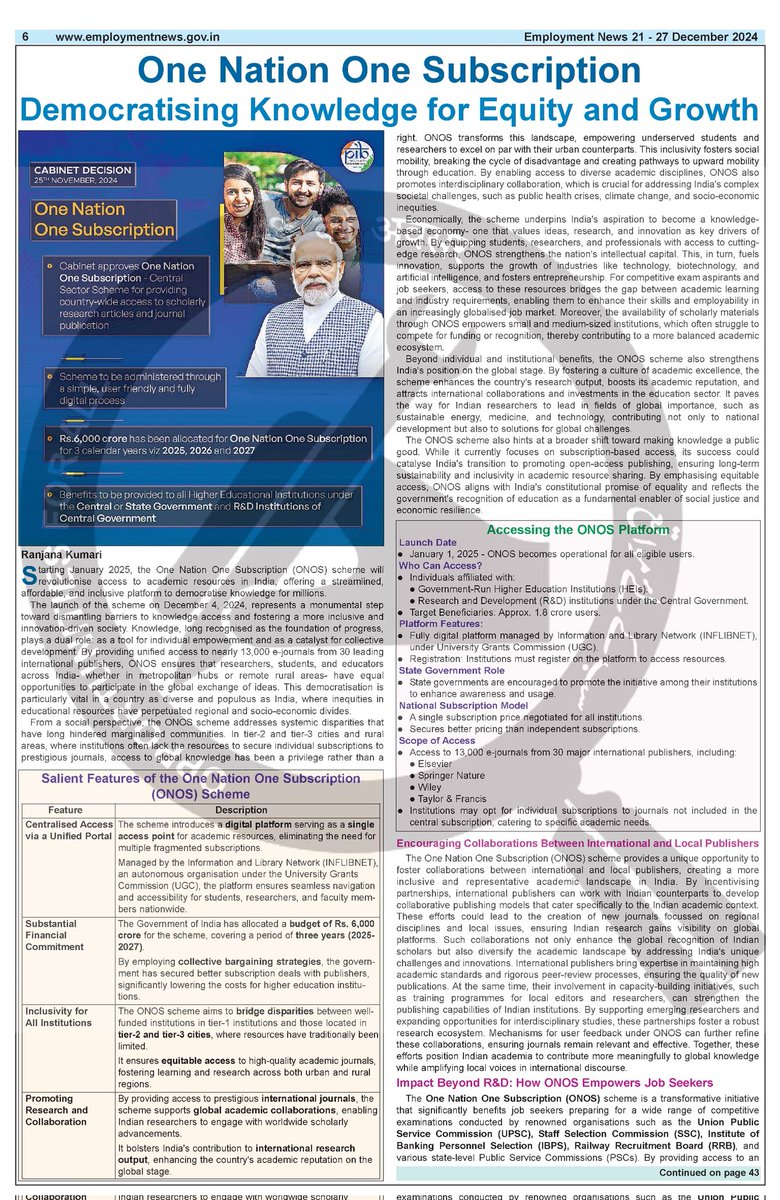 Employ_News's tweet image. Starting Jan 2025, #OneNationOneSubscription will democratise access to 13,000+ e-journals from 30 top publishers! 📚 Empowering researchers, students &amp;amp; educators across metros &amp;amp; villages – bridging the knowledge divide.
#ONOS #DemocratizingKnowledge #IndiaEducation