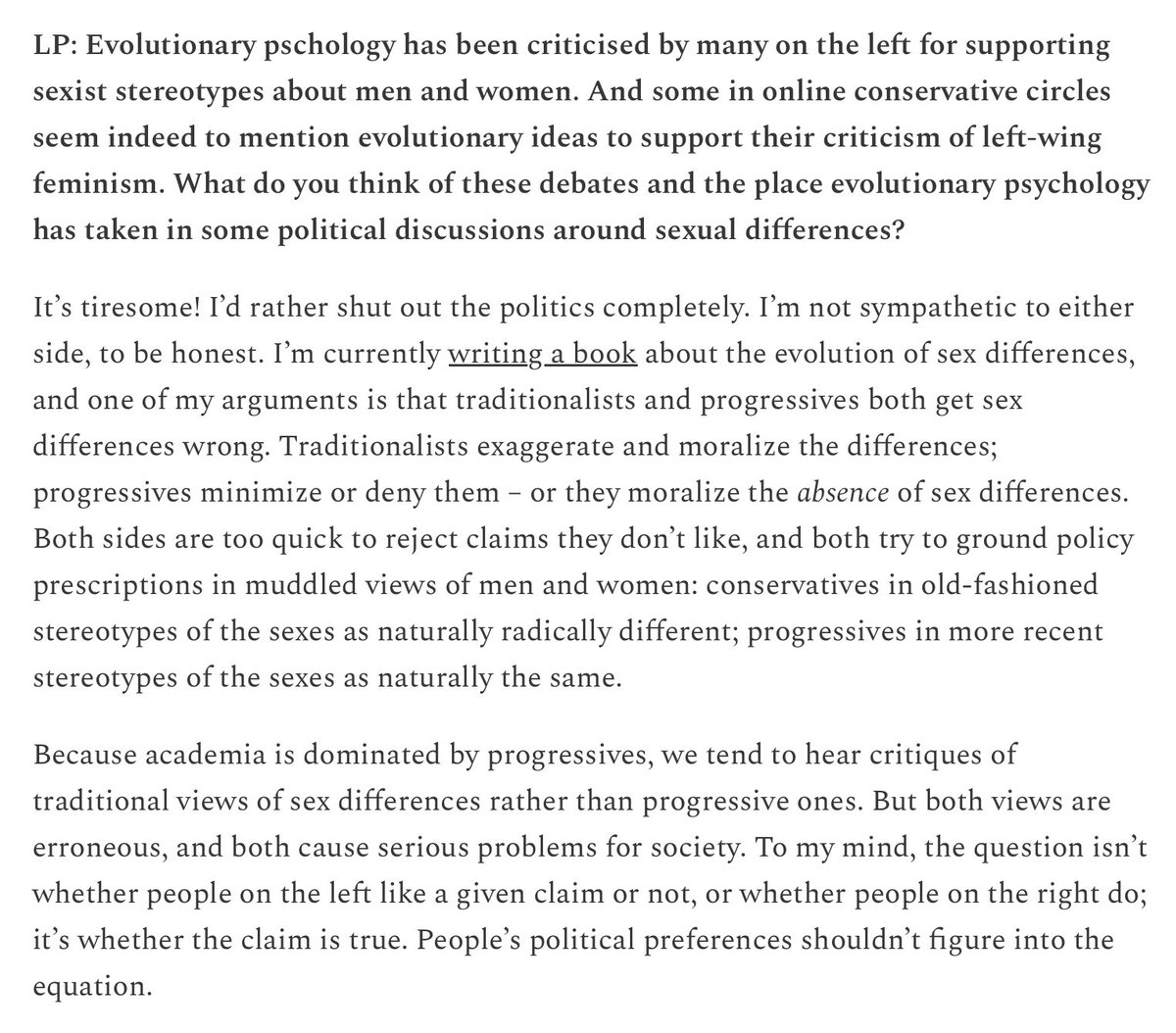 SteveStuWill's tweet photo. Traditionalists and progressives both get sex differences wrong. Traditionalists exaggerate and moralize the differences; progressives minimize or deny them – or they moralize the absence of sex differences.

[Link below.] https://t.co/HQ5m9tJqr7