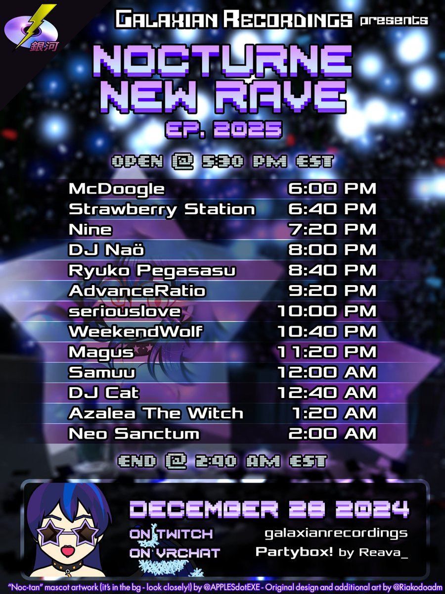 Nocturne Rave is back for ou New Years' Special on Twitch &amp; VRChat on December 28th!

Doors open at 5:30 PM EST (Stream countdown and VR World Opening) &amp; the event officially starts at 6:00 PM EST!

Poster + Additional Art by <a href="/Riakodoadm/">Riakodoadm</a> 
Mascot artwork by <a href="/APPLESdotEXE/">APPLES🍏🍎</a>