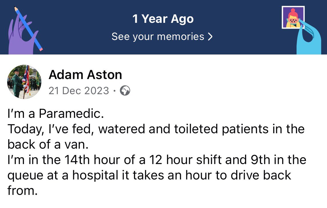 One year ago today, I was 9th in the ambulance queue outside a West Midlands hospital endlessly waiting to be ‘given permission’ to bring my patient inside two hours after my shift finish time …. this evening I was *25th*!!!!

It is intolerable.