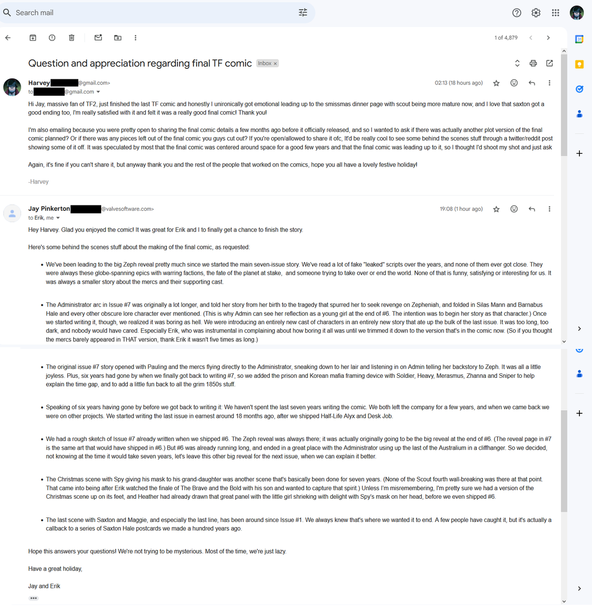 Texture_Junky's tweet photo. Emailed Jay Pinkerton and got a response from Jay and Erik Wolpaw with extra details regarding what did and didn't make it into the final #tf2 comic, got permission to share it, hope this gives everyone that little last bit of closure everyone wanted @richterovertime https://t.co/noYTWQXMAs