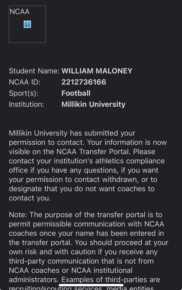 WillMaloney201's tweet photo. After careful consideration, I am officially entering the transfer portal with 3 years of eligibility remaining. Thank you to Millikin University Big Blue Football for the opportunity to play a sport I love. Excited to see what my next chapter holds! #TransferPortal https://t.co/mnva5G28xR
