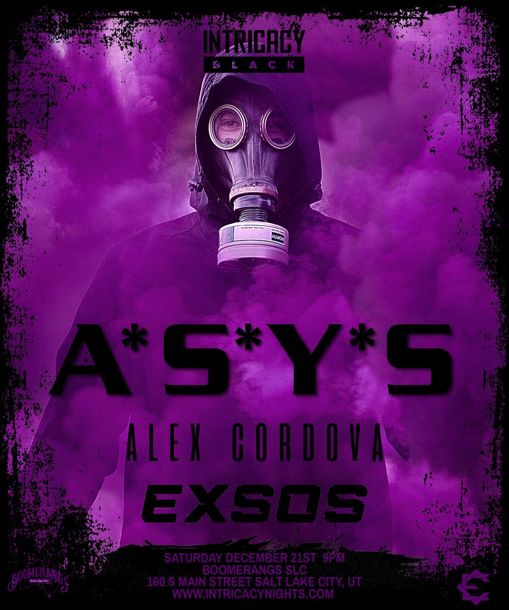 Salt lake City are you ready to be touched by acid 🫠 @asysofficial  SLC debut TONIGHT with @imalexcordova &amp; @exsos_sounds 🫠🫠 Saturday Dec 21st @boomerangsslc 🫠 Tix @ Intricacynights.com 🫠 @electroniccontinuum