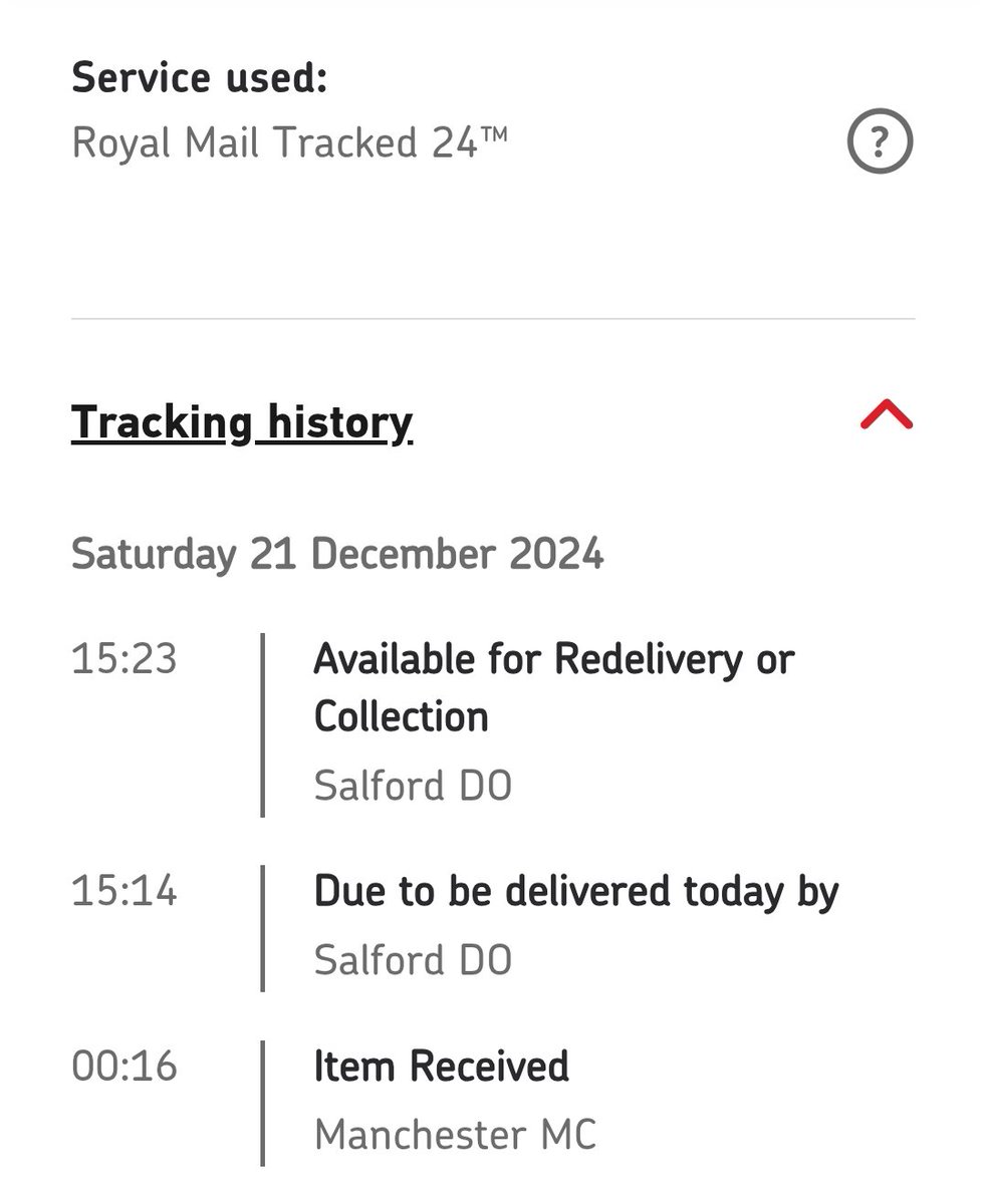 Maylor's tweet photo. If @RoyalMail are going to lie about attempting to deliver parcels, they could at least make it believable.

Apparently they received the parcel at Salford Delivery Office and tried to deliver it within 9 minutes. 🧐

@RoyalMailHelp https://t.co/XzKzfofAZj