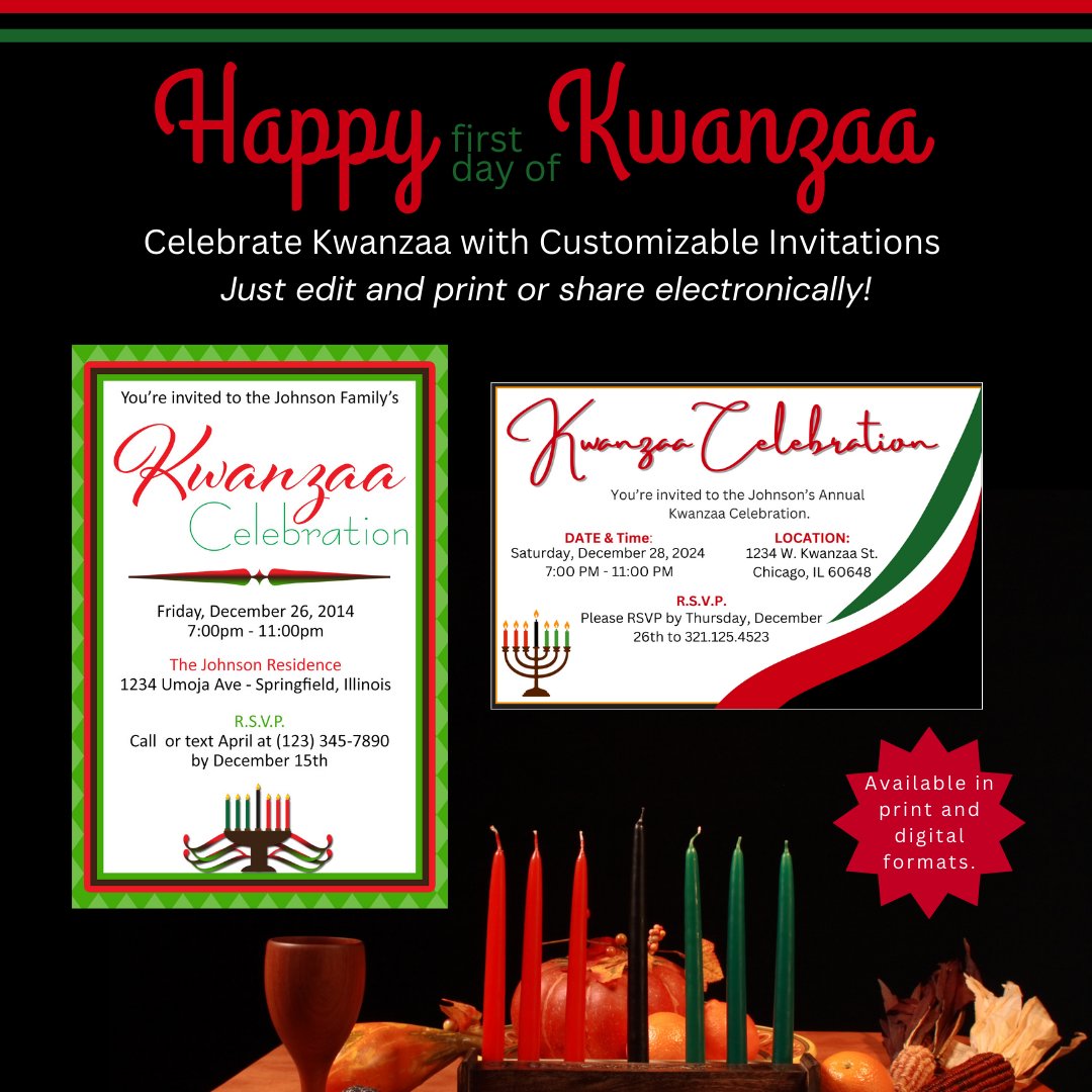 DigiDownloads's tweet photo. 🕯️🖤 Celebrate Kwanzaa with customizable invitations! Edit, print, or share digitally. ❤️💚
Download now: https://t.co/3thA2Tle8Z

#Kwanzaa #KwanzaaCelebration #CustomInvitations #EditableTemplates #HolidayTraditions https://t.co/089KCDK1ex