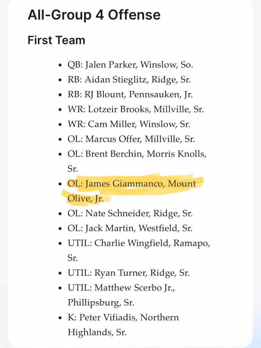 James Giammanco (@jamesgiammanco) on Twitter photo Very honored to be named first team All-Group 4 OL. <a href="/MOHSFootballNJ/">Mount Olive Football Marauders</a> <a href="/OConnorMOFB/">Brian OConnor</a> Very honored to be named first team All-Group 4 OL. <a href="/MOHSFootballNJ/">Mount Olive Football Marauders</a> <a href="/OConnorMOFB/">Brian OConnor</a>