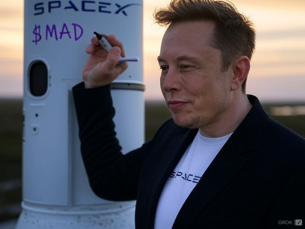 anymanagain's tweet photo. Elon Musk wrote $MAD on the rocket that will go to space :P  

@madcoinvip  #MadToTheMoon #MemesAfterDark

created by grok. https://t.co/vuJg3qXvZl