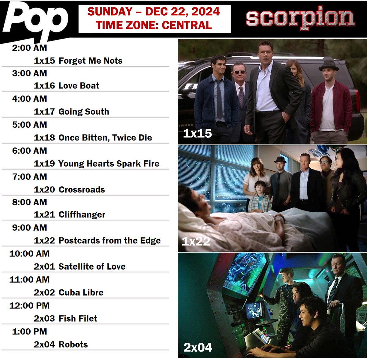 Sunday brings a newer Scorpion marathon for American fans on <a href="/PopTV/">Pop</a>.
The attached picture shows the detailed program. 🙂
Have fun with <a href="/ScorpionCBS/">Scorpion</a>!
