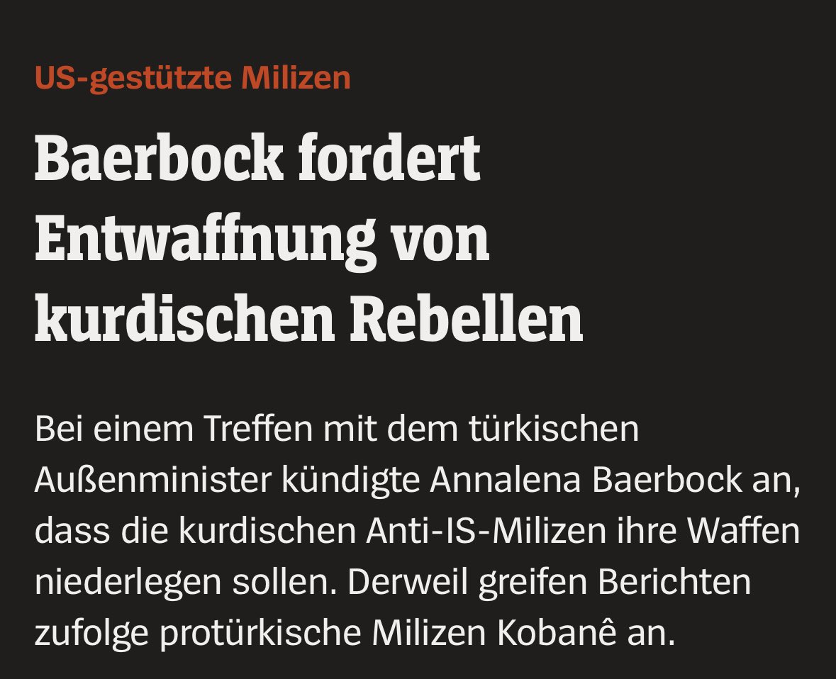 Händeschüttelnd mit dem türkischen Außenminister fordert Baerbock das Unfassbare. Es waren die Kurdinnen und Kurden, die den IS besiegt haben. Sie werden völkerrechtswidrig von der Türkei angegriffen. Baerbock trägt ekelhafte Doppelstandards vor sich her, es ist Wahnsinn.