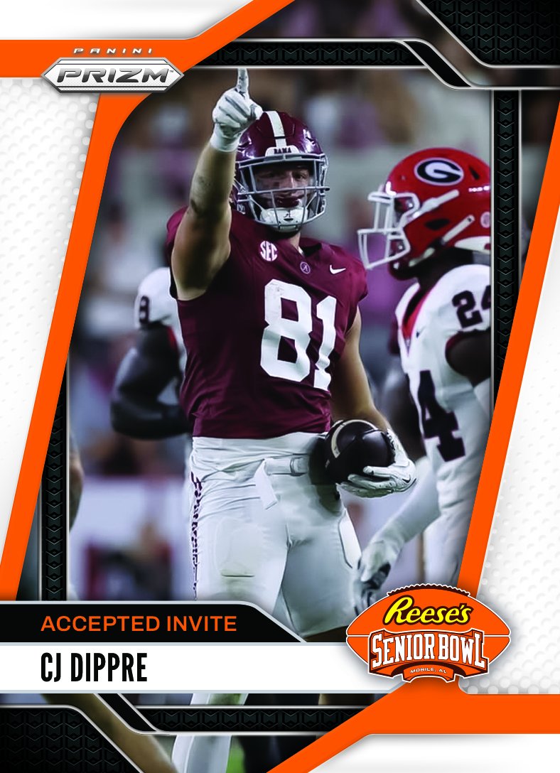 Reese's Senior Bowl (@seniorbowl) on Twitter photo Officially Accepted! TE CJ Dippre <a href="/CjDippre/">CJ Dippre</a> from <a href="/AlabamaFTBL/">Alabama Football</a> is headed to the 2025 Reese's Senior Bowl #RollTide πͺ #BestOfTheBest #TheDraftStartsInMOBILEβ’οΈ
@JimNagy_SB <a href="/PaniniAmerica/">Panini America</a> #RatedRookie Officially Accepted! TE CJ Dippre <a href="/CjDippre/">CJ Dippre</a> from <a href="/AlabamaFTBL/">Alabama Football</a> is headed to the 2025 Reese's Senior Bowl #RollTide πͺ #BestOfTheBest #TheDraftStartsInMOBILEβ’οΈ
@JimNagy_SB <a href="/PaniniAmerica/">Panini America</a> #RatedRookie