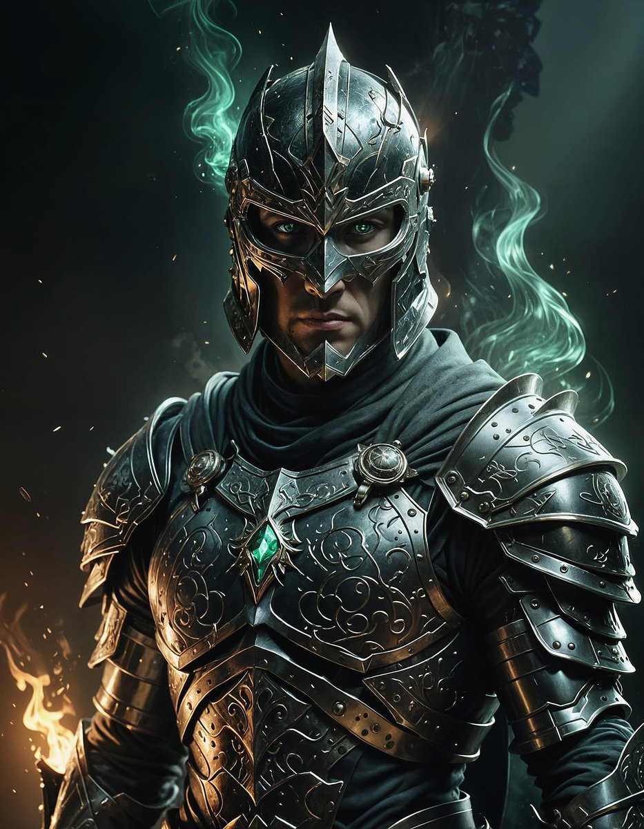 Deka_Vampir's tweet photo. "A knight cloaked in mystery, his shield and sword ablaze with emerald fire. The eerie glow pierces the shadows, as if guarding secrets lost to time. 🌌🔥
#AIArt #MysticKnight #EmeraldFlame #FantasyWorlds #DigitalArt" https://t.co/7O3Yym495S