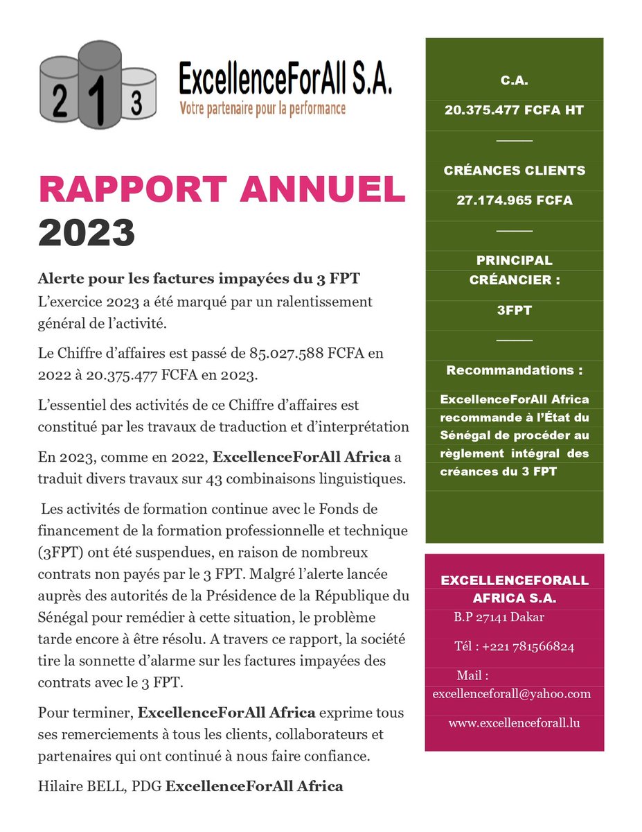 La société ExcellenceForAll Africa S.A.U tire la sonnette d'alarme concernant les factures impayées du Fonds de financement de la formation professionnelle et technique ( 3FPT) et demande au Président sénégalais Mr Diomaye FAYE de tenir à sa promesse avant son élection.