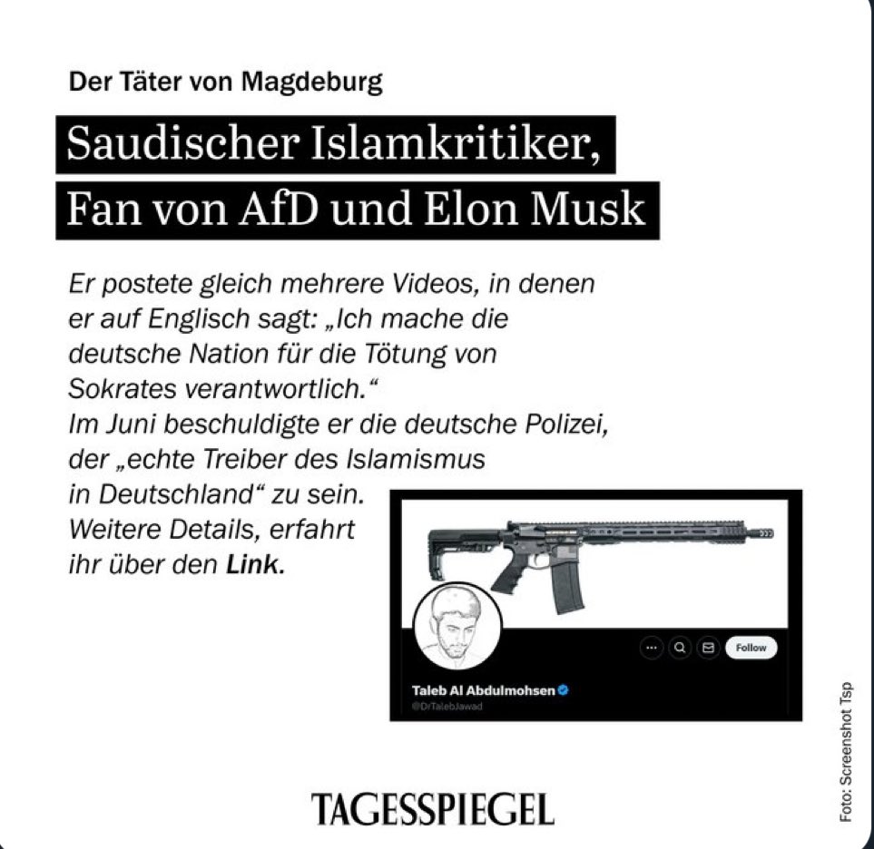 polenz_r's tweet image. Erkenntnisse der Polizei belegen, dass Taleb A. Den Islam hasst,die AfD wertschätzt, Sellner, Naomi Seibt und Weidel besonders. An dieser Wahrheit sollten wir festhalten, solange sie nicht mit Belegen widerlegt ist. Einfach etwas anderes zu behaupten, ist keine „zweite Wahrheit“