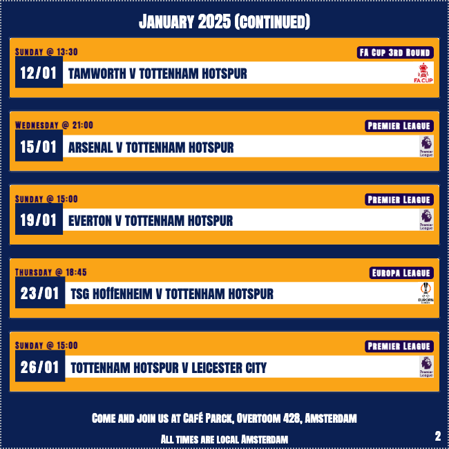 AmsterdamSpurs's tweet photo. Thursday’s feast left us hungry for more—ready for seconds?

In-form Liverpool await—3 clashes in 7 weeks, ending with an epic Semi-Final decider at Anfield.

It all starts tomorrow in N17
Ange is cooking
Drama on the menu
Watch us rise
#COYS

Join us at Café Parck, k/o 17:30 CET https://t.co/Cc36PUfUm7