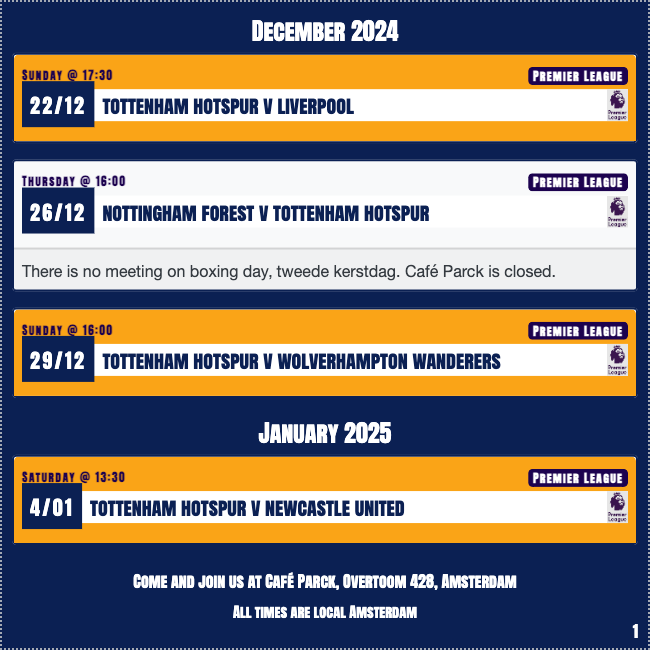 AmsterdamSpurs's tweet photo. Thursday’s feast left us hungry for more—ready for seconds?

In-form Liverpool await—3 clashes in 7 weeks, ending with an epic Semi-Final decider at Anfield.

It all starts tomorrow in N17
Ange is cooking
Drama on the menu
Watch us rise
#COYS

Join us at Café Parck, k/o 17:30 CET https://t.co/Cc36PUfUm7