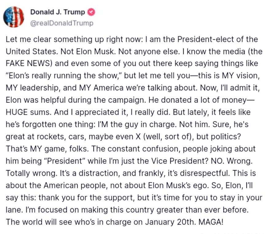 He really doesn’t like it when we call Elon by his new title: President-elect Elon Musk. 

Please don’t RETWEET and let <a href="/realDonaldTrump/">Donald J. Trump</a> see this!