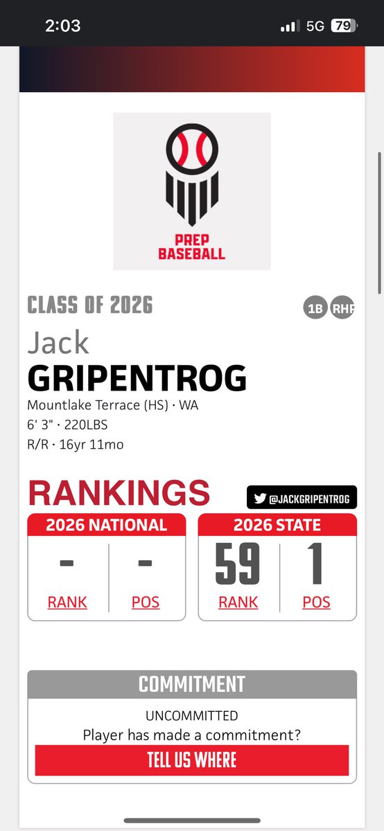 JackGripentrog's tweet image. Extremely thankful to be ranked the #1 first baseman in the state! (C/O 2026)
Thank you @PrepBaseballWA and @PBR_DanJurik!
@snohoCoachChris @MTHSHawksBSBL