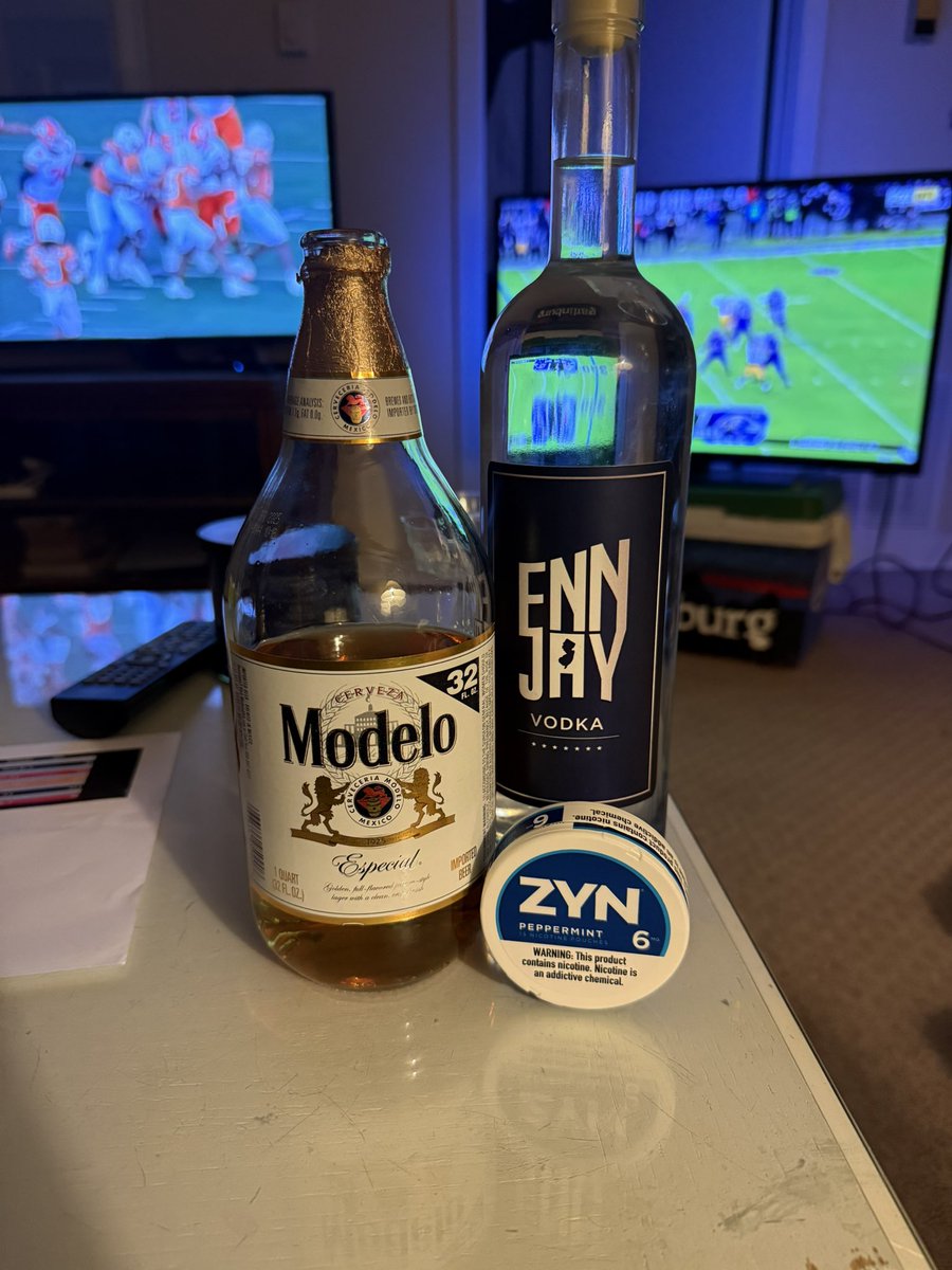 RonGoldman69420's tweet photo. College football playoff, NFL, Modelo, EnnJayVodka, and Zyn.  Cant beat this Saturday. https://t.co/EgoCa8JfuD