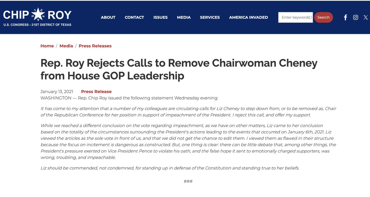 "Liz Cheney should be commended, not condemned, for standing up in defense of the Constitution and standing true to her beliefs."

Trump's conduct on J6 was "troubling, and impeachable."

- Representative Chip Roy.
