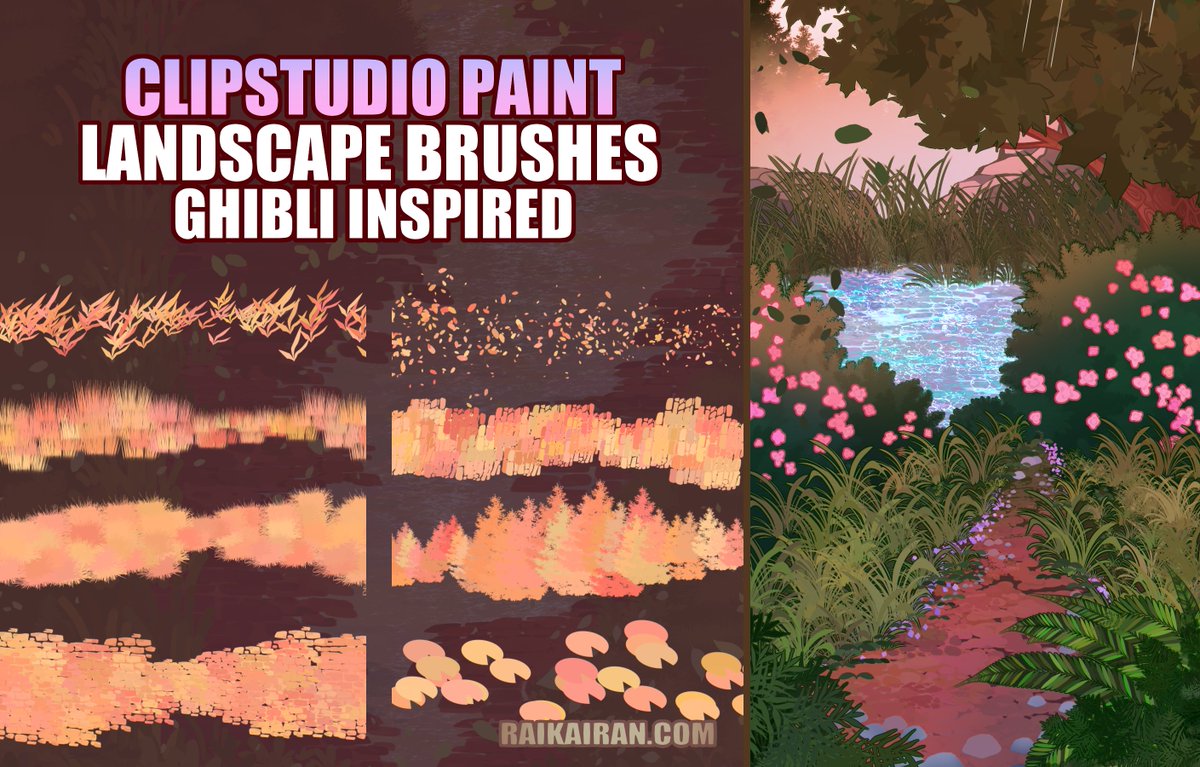 RaykayraArt's tweet photo. 🍃- Landscape Brushes  - Ghibli inspired - 🍃
Procreate - Painttool SAI 2 - ClipStudio Paint and Photoshop ⬇️ https://t.co/FVyjC5mIOO