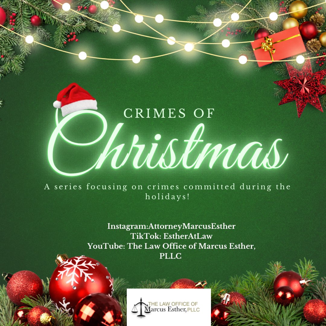 MarcusEsther_'s tweet photo. 🎄Get ready for a short series on crimes committed during the holiday season! Join us on Instagram, TikTok, YouTube as we talk about how to stay out of jail for Christmas!!!🎄 

#Crime #Instagram #TikTok #YouTube #Attorney #Post #Share #CriminalDefense #Criminal #Jail #Holiday https://t.co/mDOKBEofFb