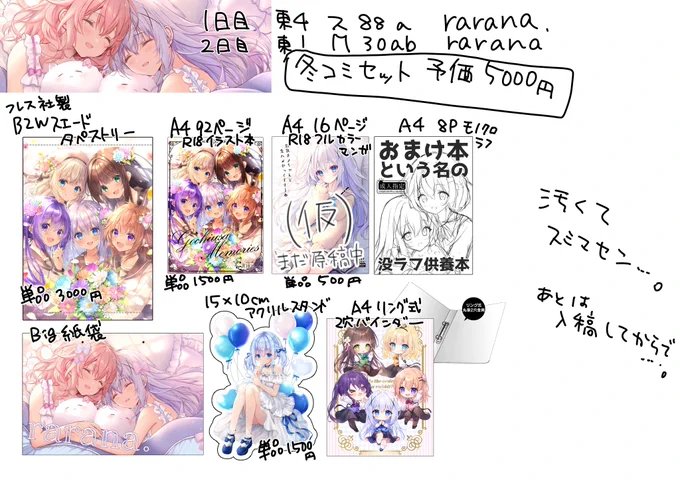 ハチャメチャに汚いけど、文字だけだとわかりにくいかと思って…とりあえず今こんな感じです。
新刊の漫画本がもし落ちても予価5000円はかわらずです(すみません…)

本がすべてR18なので、グッズだけほしい方はご相談ください…!!

今回お値段的にがんばったよ…!! 
