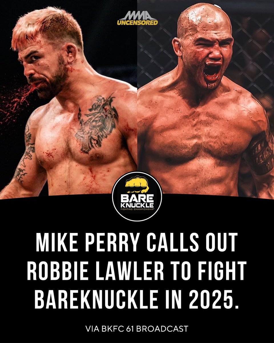MMAUNCENSORED1's tweet photo. Mike Perry calls out Robbie Lawler to fight Bareknuckle in 2025. ๐ฉธ
#BKFC61 #UFC #Boxing https://t.co/kcqljMLpEk